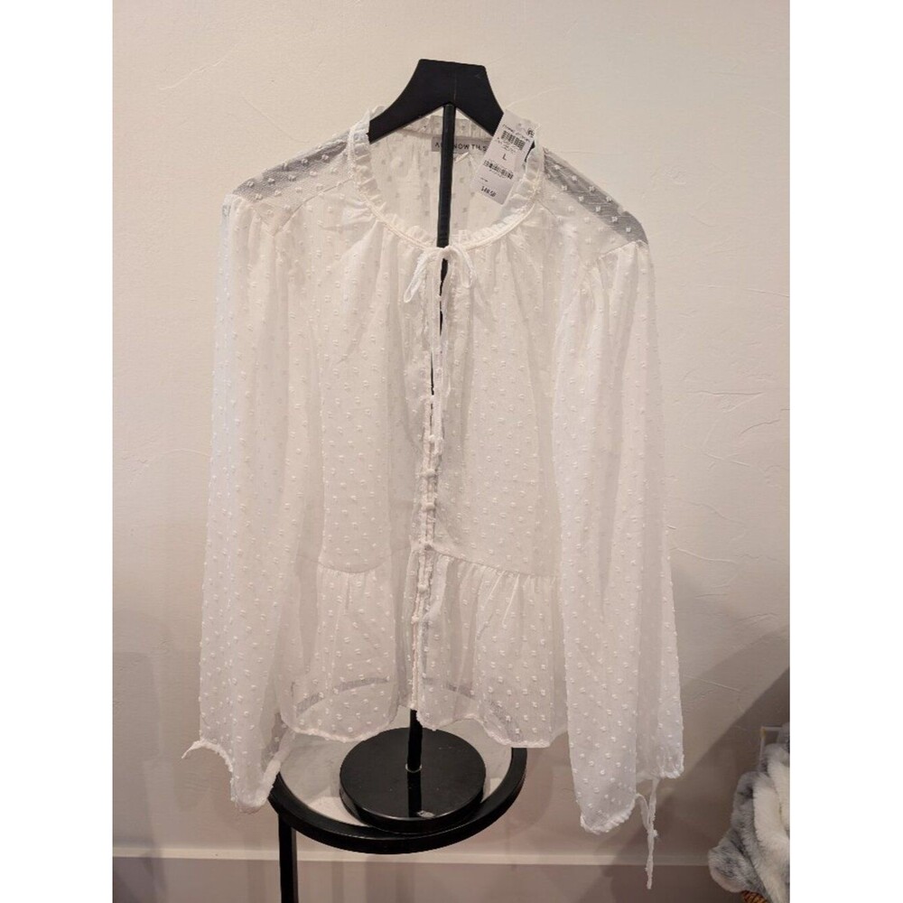 NOW THIS • Textured Ruffle‑Neck Blouse • White • Size L • NWT